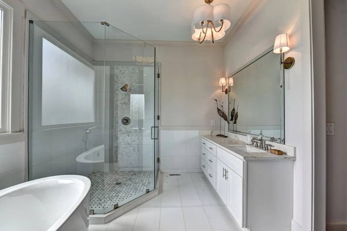 Primary bath with freestanding tub and glass shower